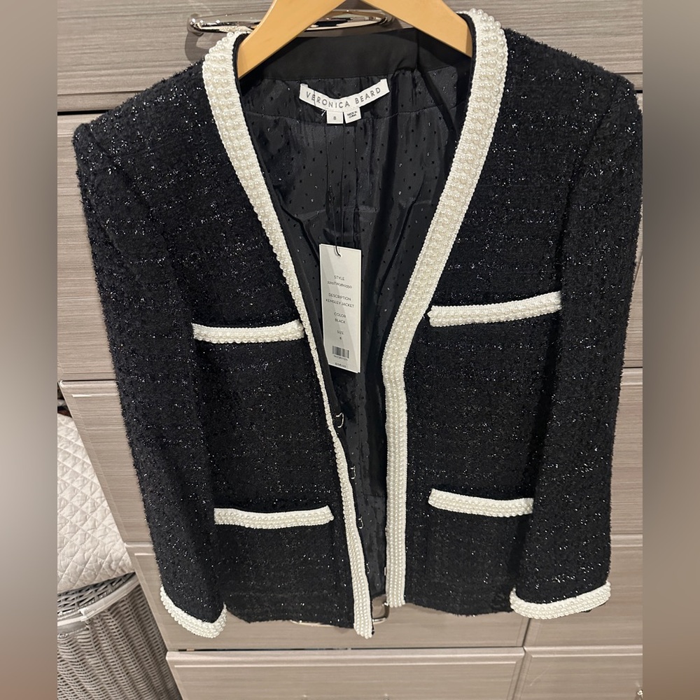 Veronica Beard Black Tweed Blazer with White Trim and pearls